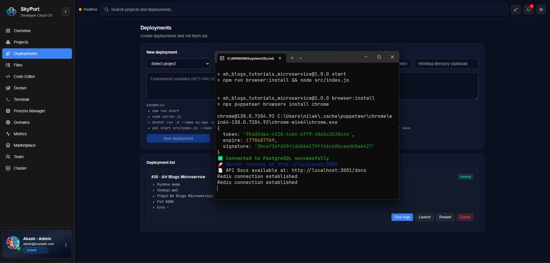 SkyPort dashboard and deployment view
